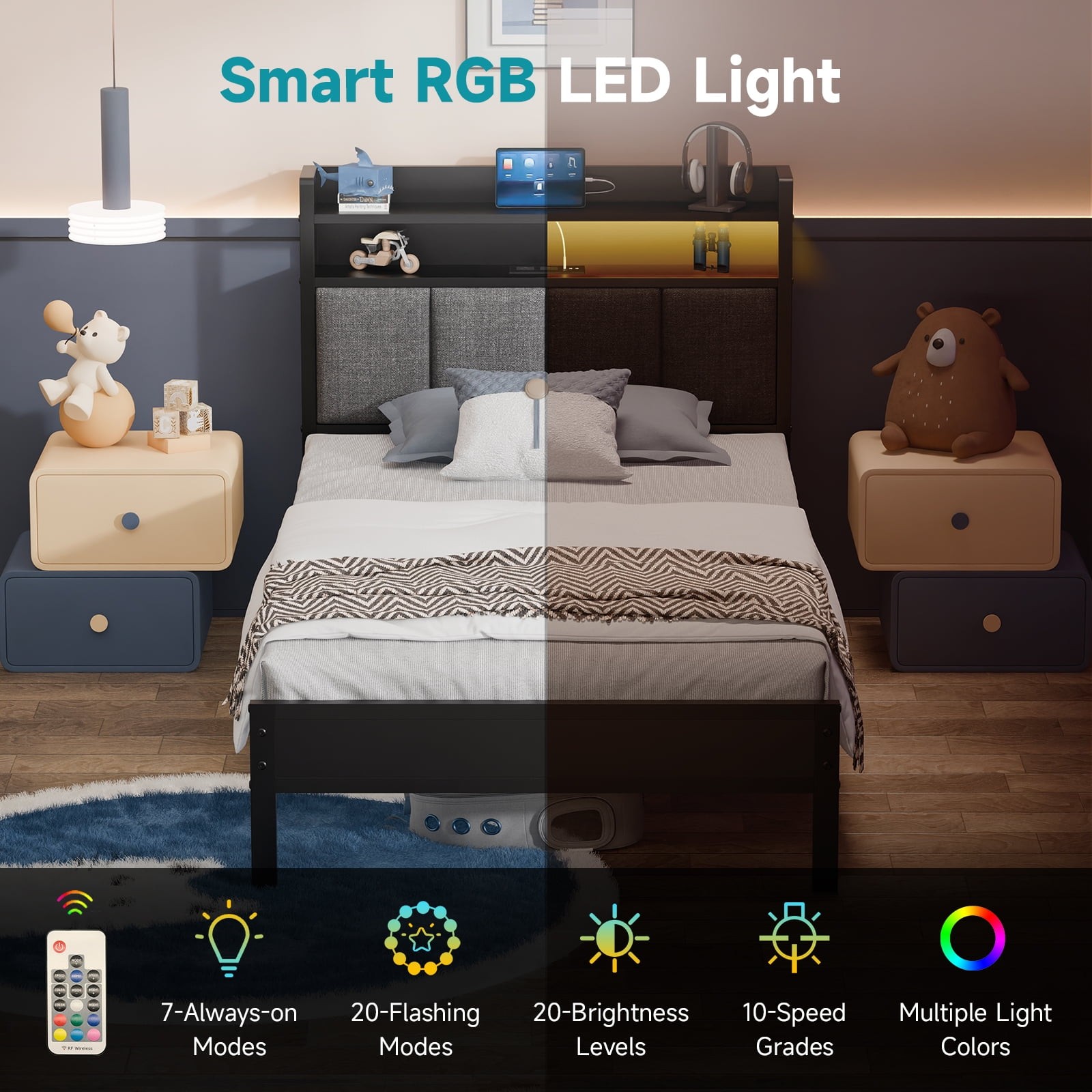 Storage Metal Platform Bed Frames with LED Light, Twin