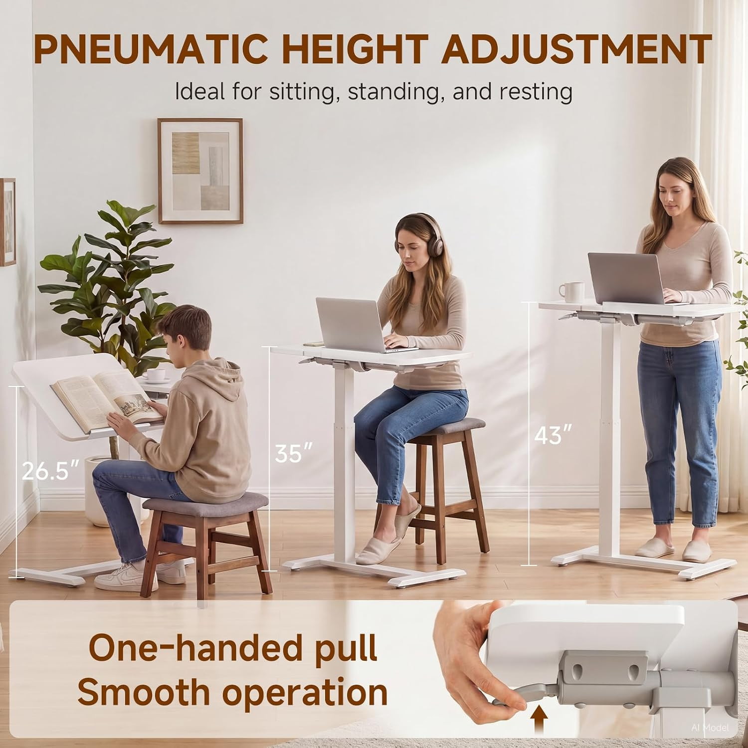 Pneumatic Adjustable Standing Desk, 28 Inch Tiltable Mobile Rolling Laptop Table