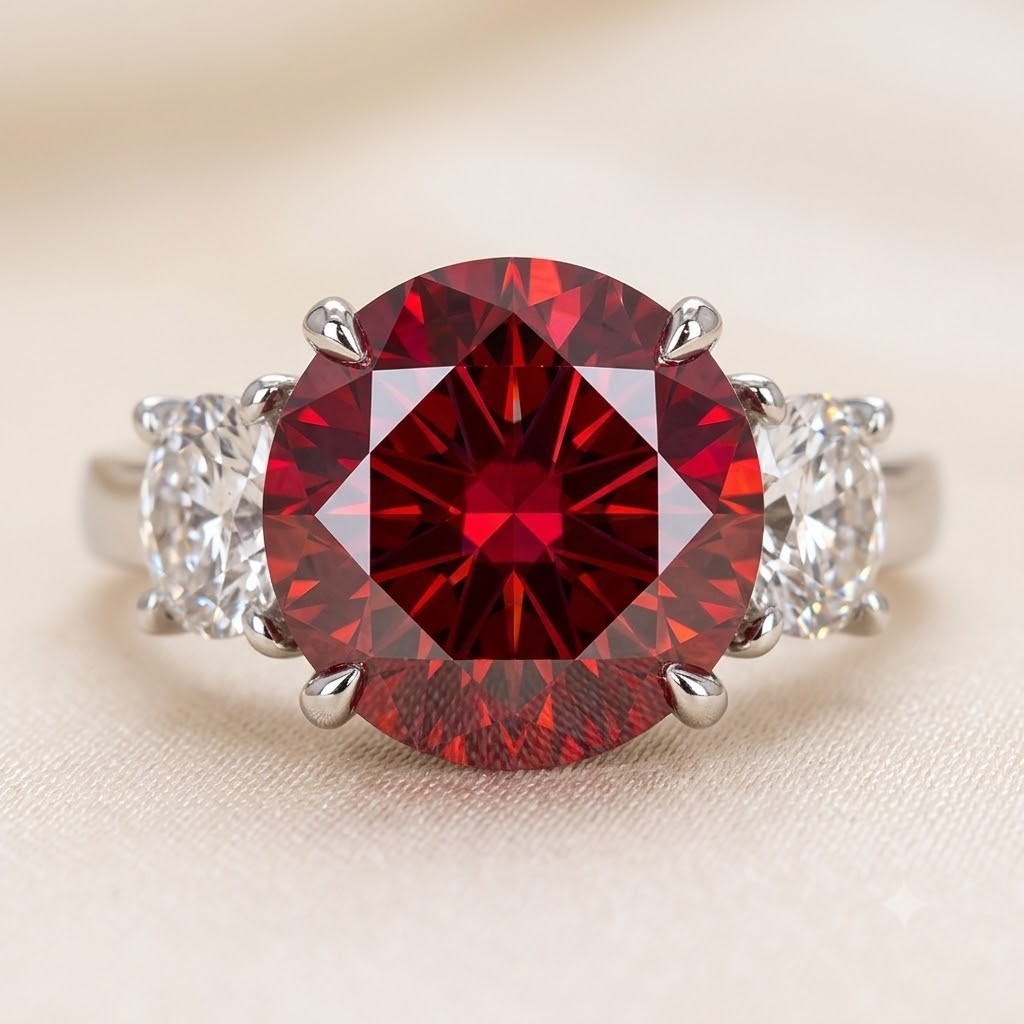 6.00 CT Certified Round Cut Red Diamond Ring, Tariffs FREE & Matching Studs.