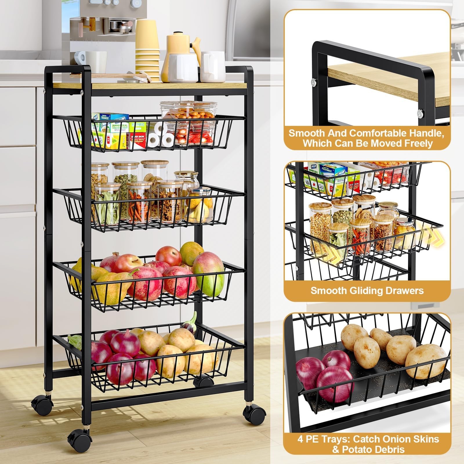 5-Tier Kitchen Cart with Tabletop, Rolling Snack Cart with Lockable Wheels, F...