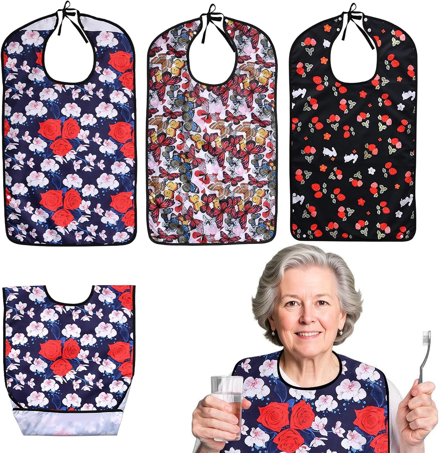 Oulisen 3 Pcs Adult Bibs For Women With Crumb Adult, Flower and Butterfly