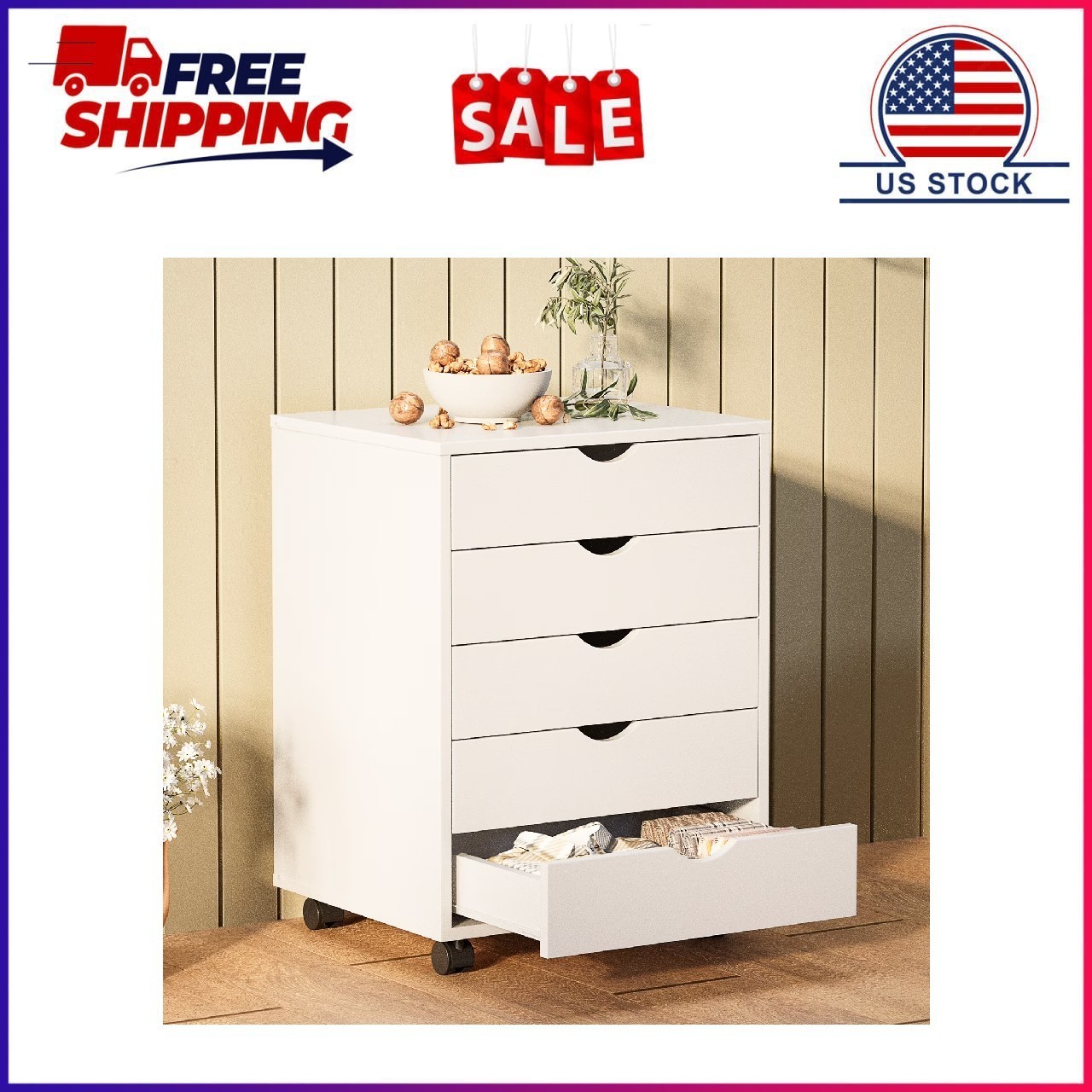 Gianna 5-Drawer Portable Storage Cabinet on Wheels for Office, Bedroom & Home Or