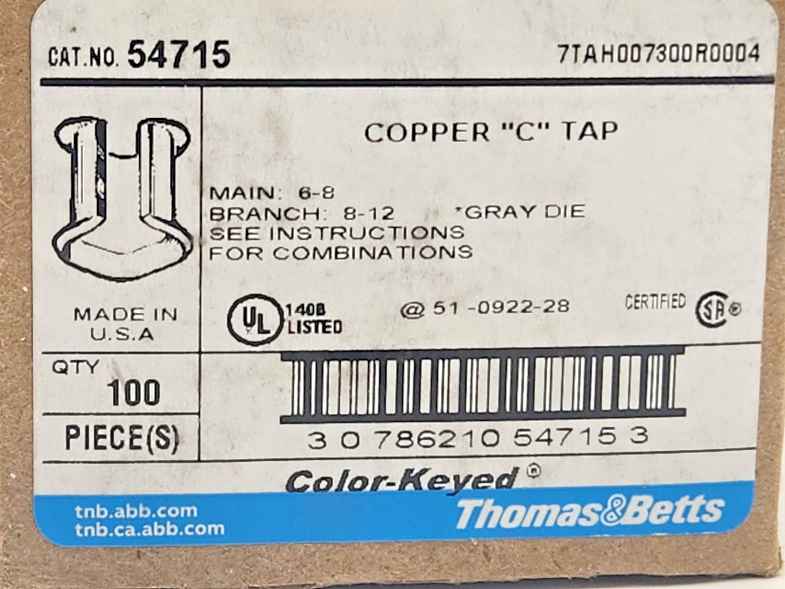 100 pcs Thomas & Betts 54715 CU 6-8AWG "C"-Tap GRAY, Die Code 29