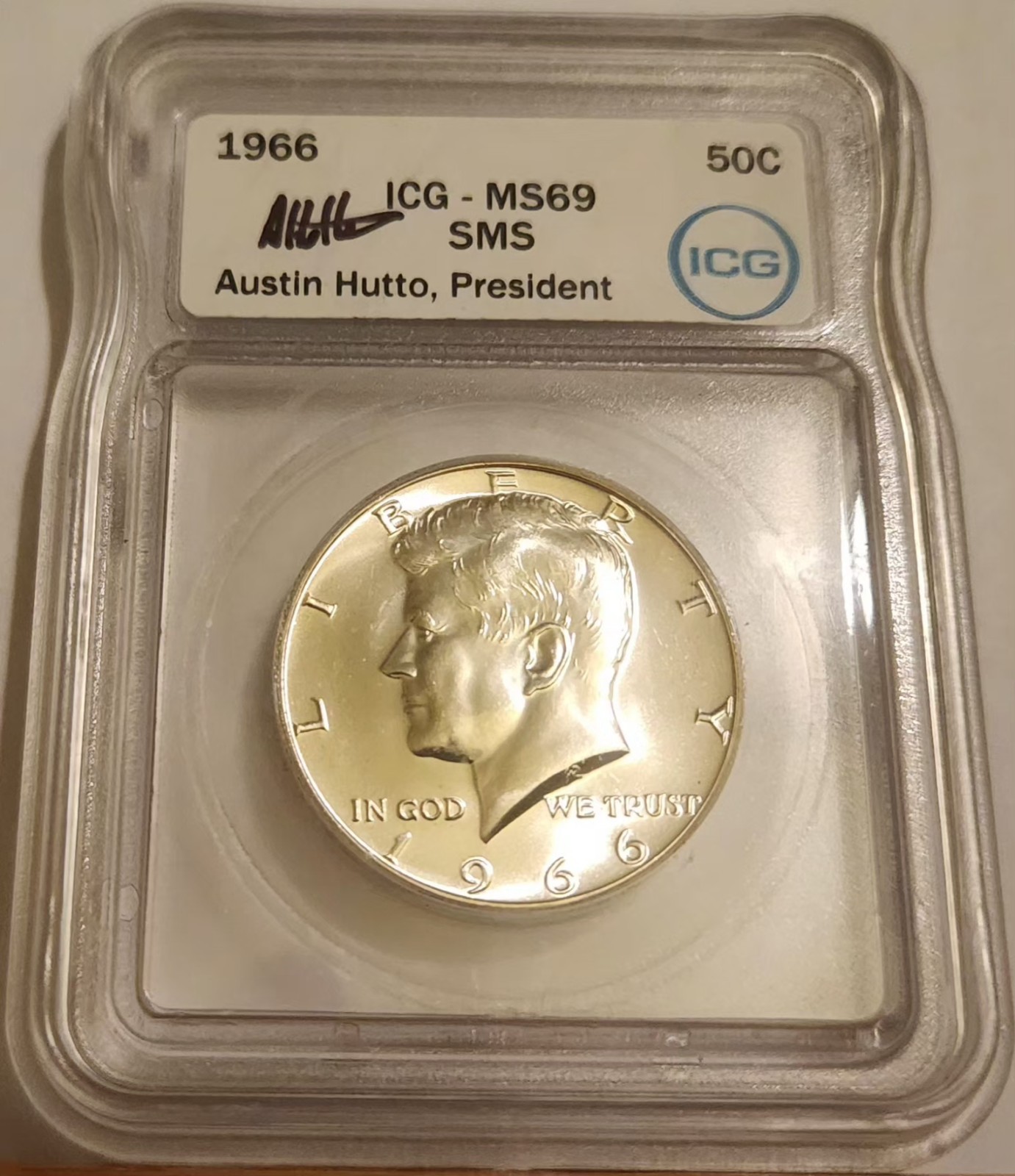 1966 SMS Kennedy Half Dollar ICG MS 69 WHITE LABEL AUSTIN HUTTO SIGNED TOP POP