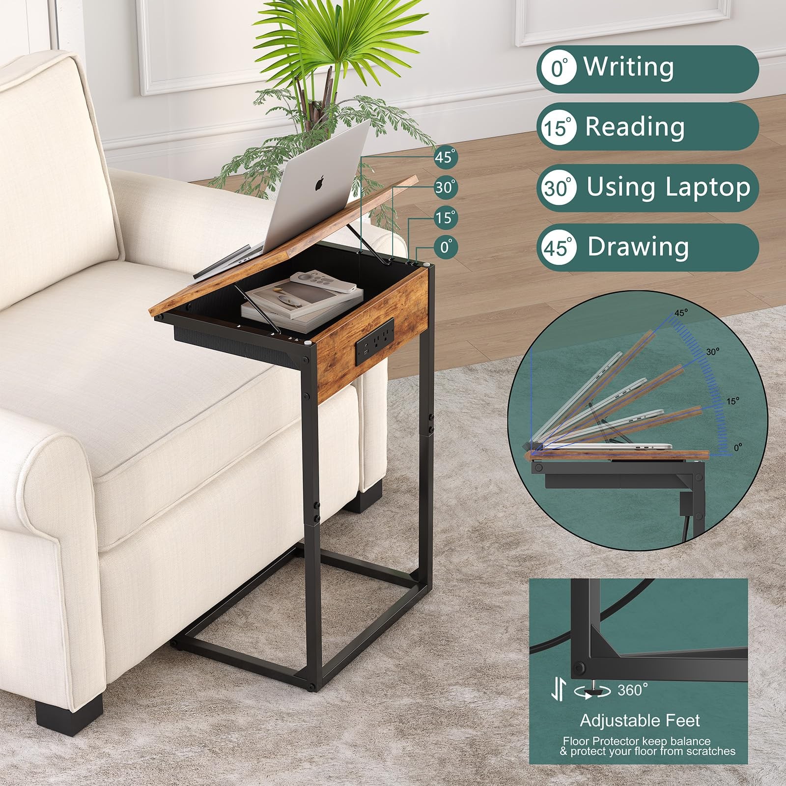 Shaped End Table with Charging Station, 45° Tiltable Adjustable Flip Top Tabl...