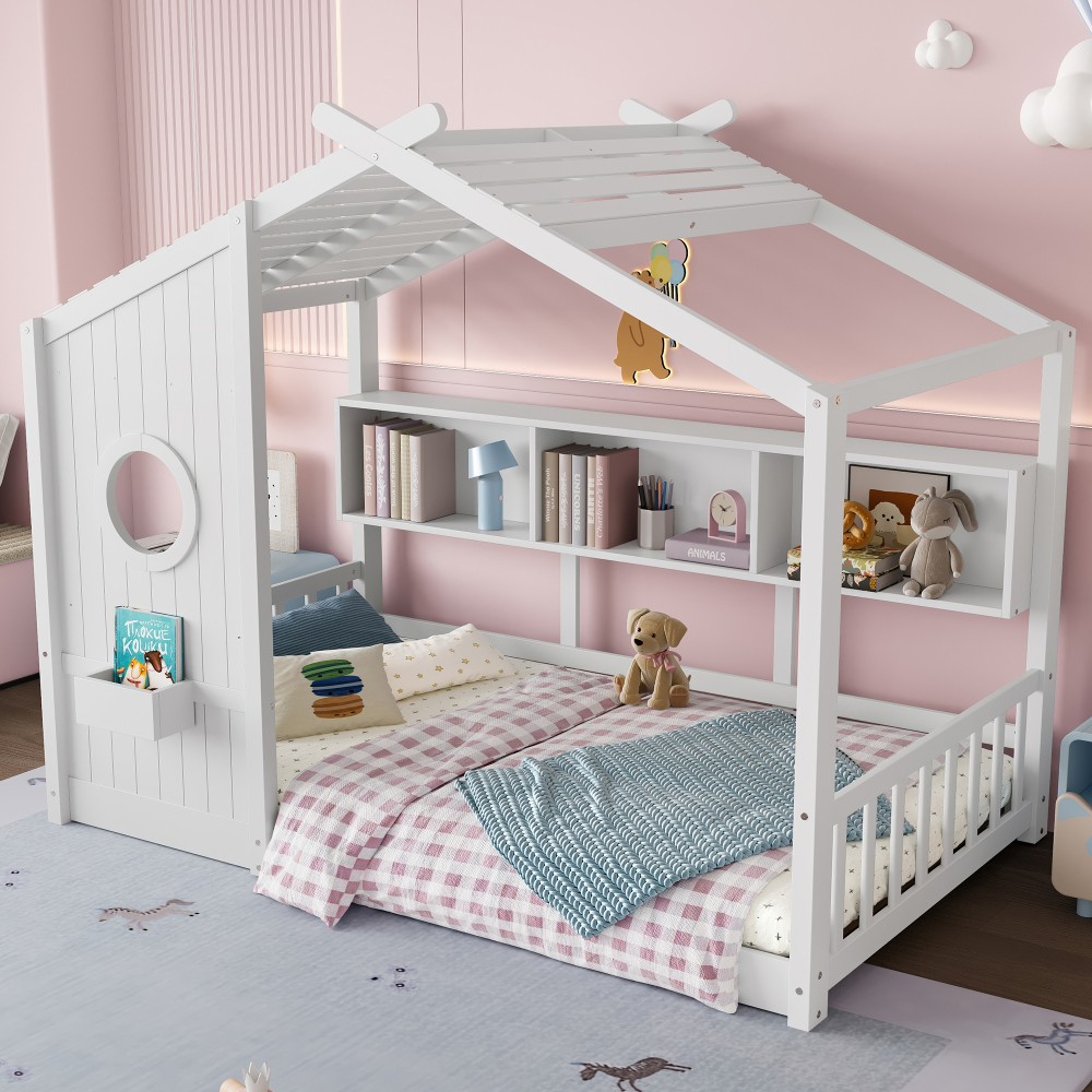 Twin/Full Size Floor House Bed Frame for Toddler with Storage Shelf, White/Grey