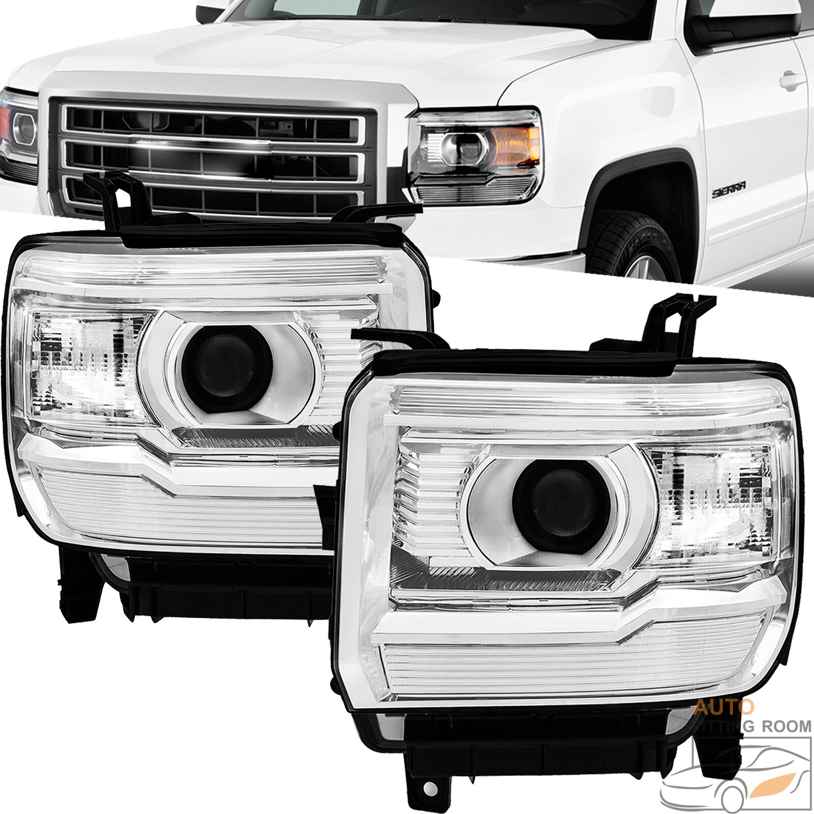 Chrome Headlights fit GMC Sierra 1500 2014-2018 & 15-19 2500 3500HD White Corner