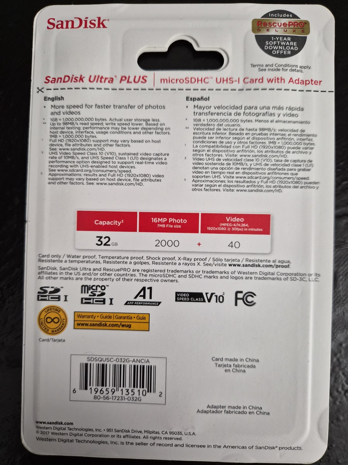 Sandisk Ultra Plus 32GB microSDXC Memory Card With Adapter Class 10