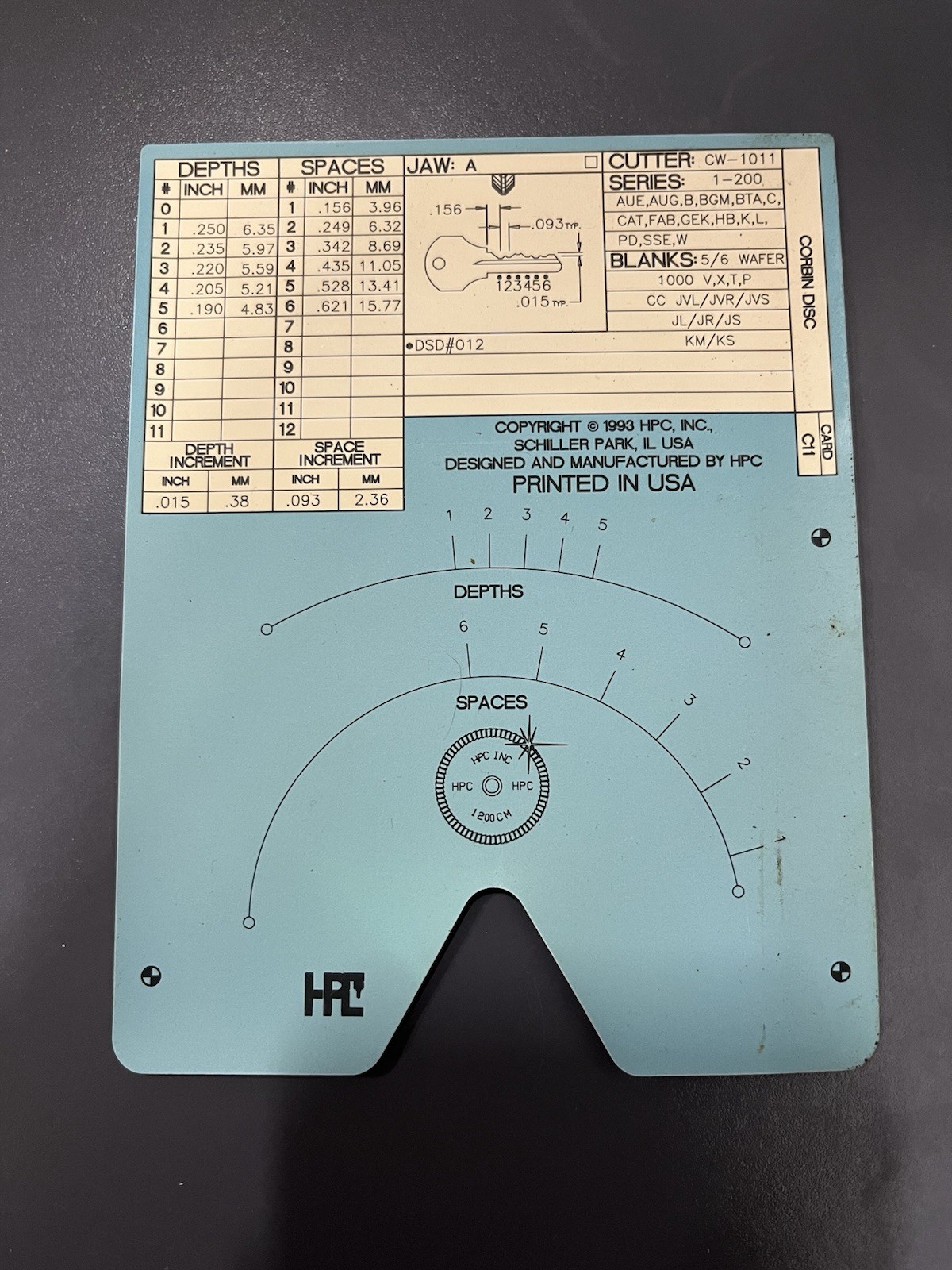 HPC 1200 Series C11 Corbin Cabinet Key Gauge Card