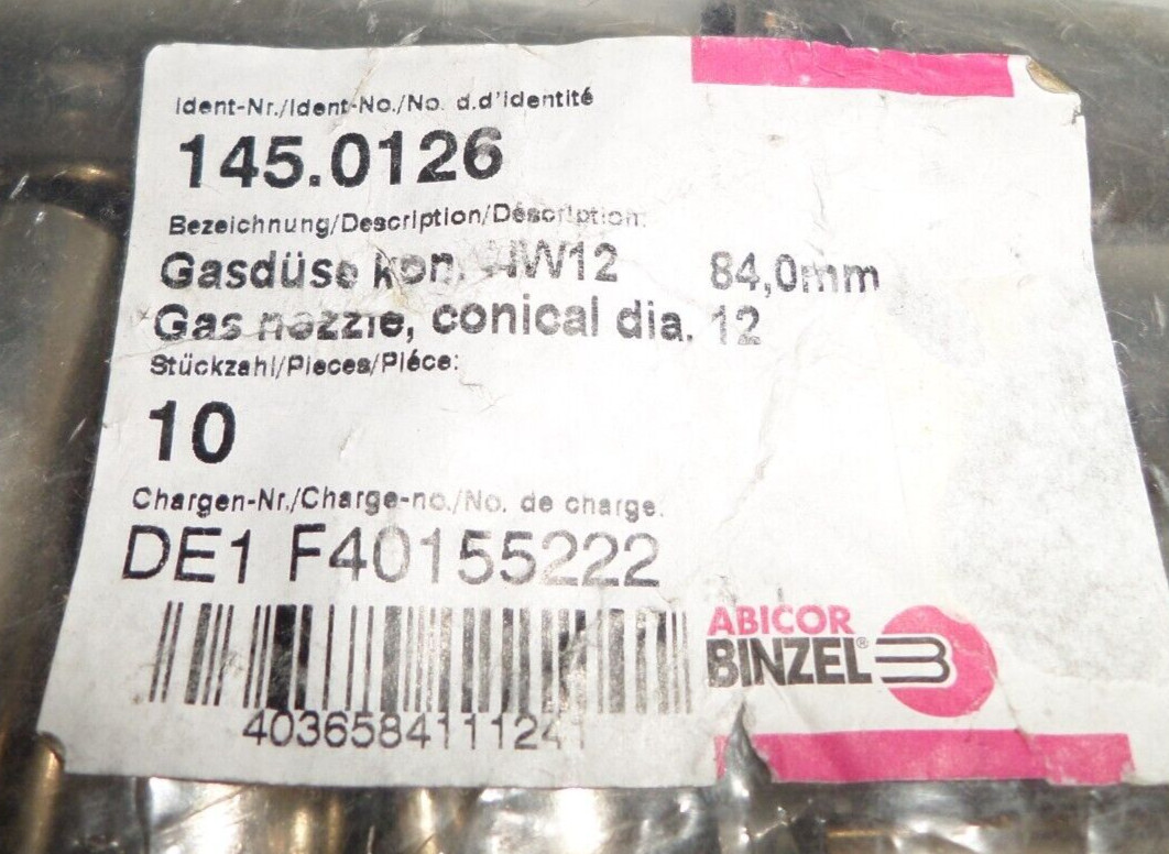 ⭐NEW BAG OF 10⭐ BINZEL 145.0126 Mig Welding Torch Tapered Nozzle ABICOR
