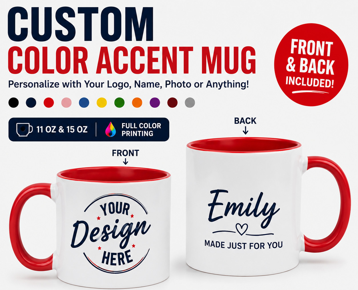 Custom Color Accent Mug Personalized Logo Photo Text Coffee Cup 11oz 15oz gift