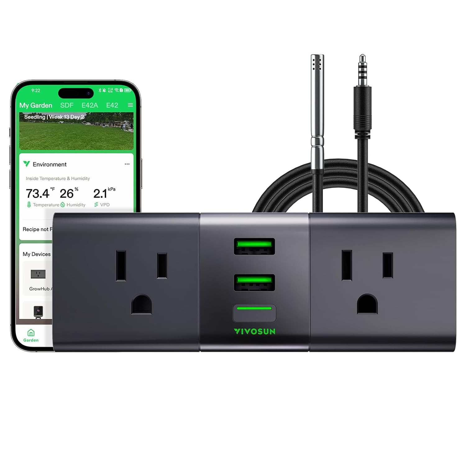 VIVOSUN A22 GrowHub Outlet Controller w/ T&H Sensor WiFi Environment Controller