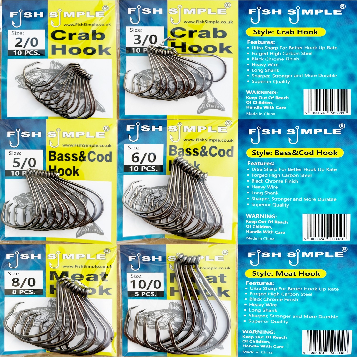Fishing Hooks selection pack INCLUDES 2/0 3/0 5/0 6/0 8/0 10/0 Bass, Cod, Tope