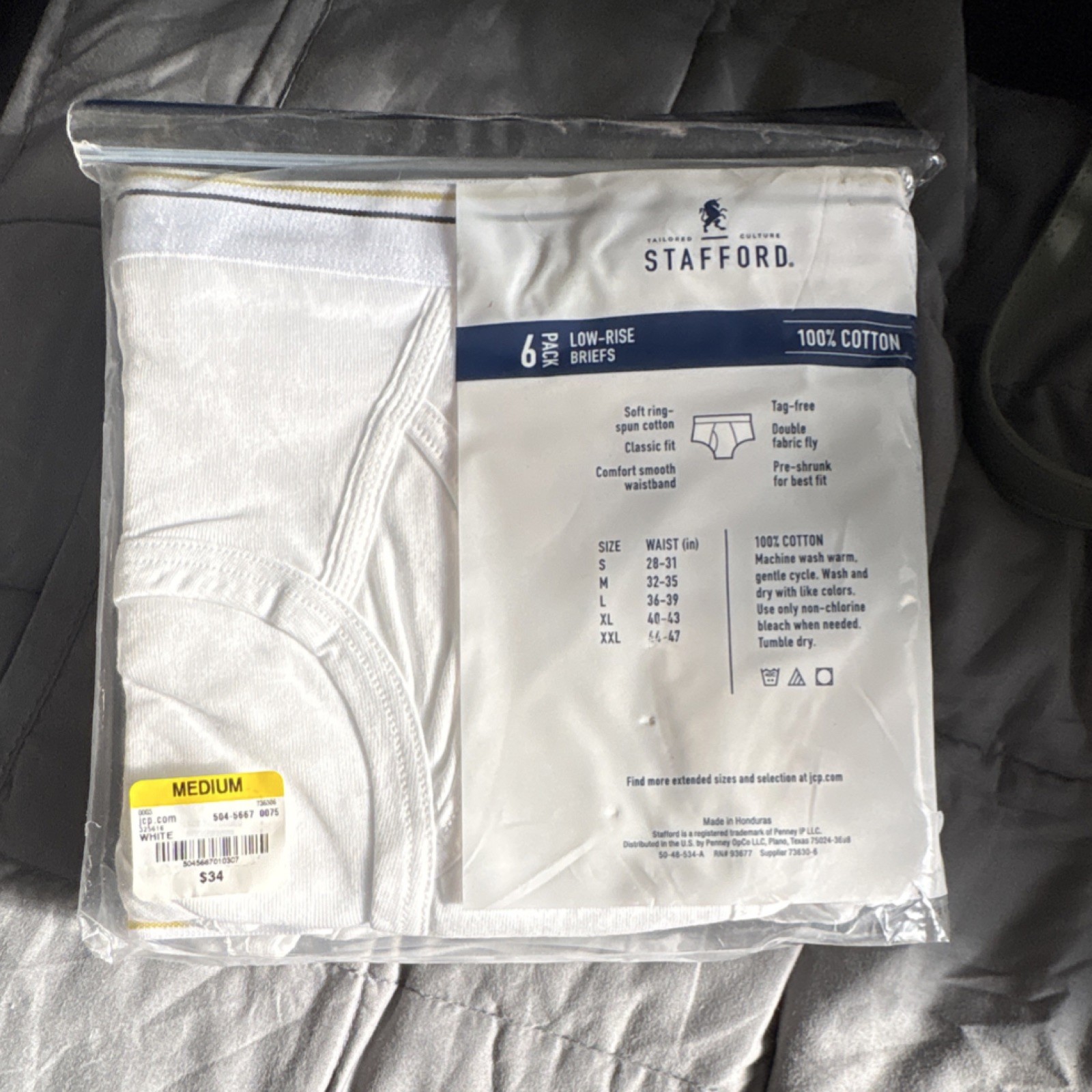 Stafford Low-Rise Briefs 6-Pack M White Cotton Tagless Double Fly Preshrunk