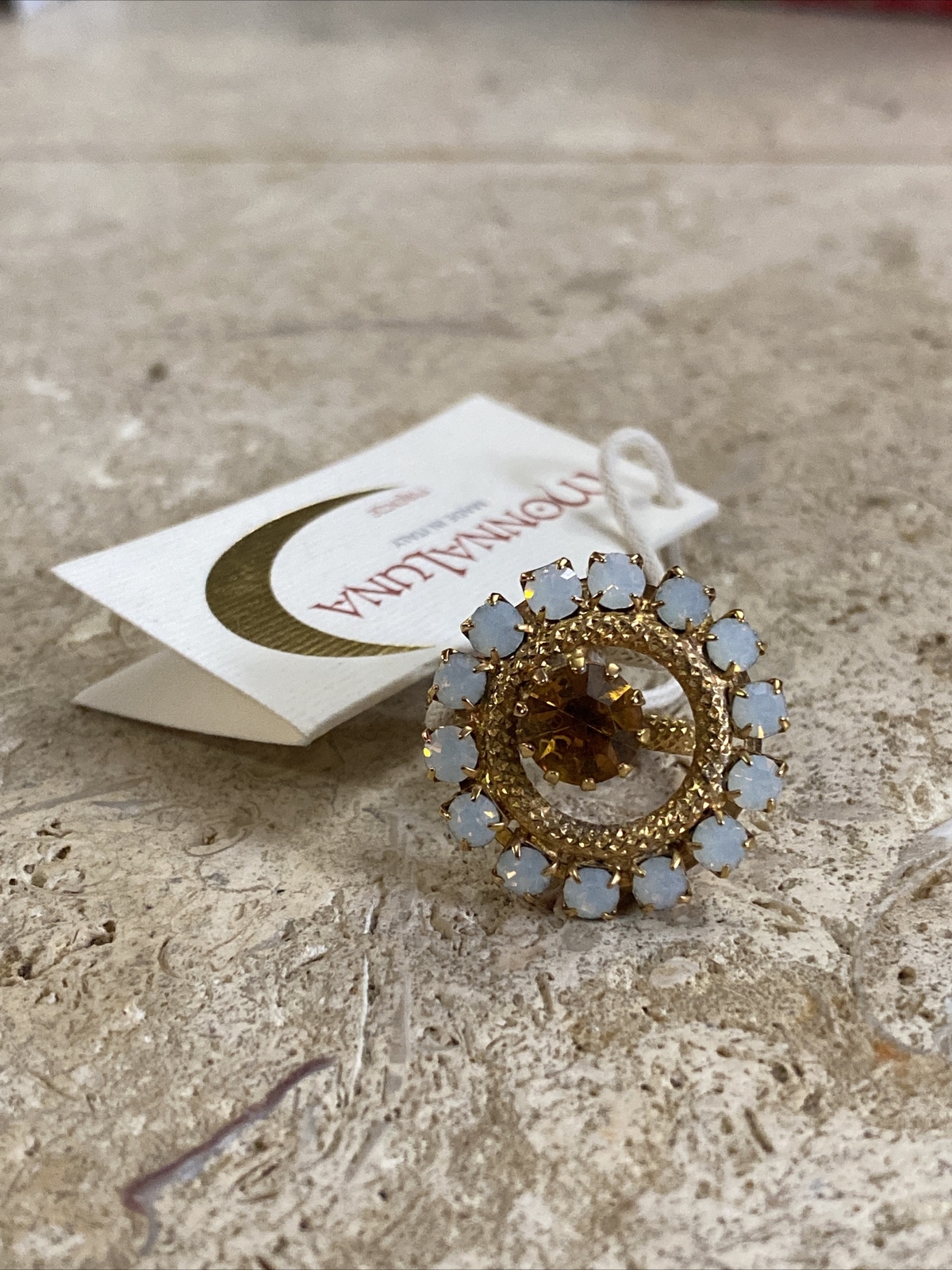 NWT Monnaluna Opal White Topaz 24k Gold Plated Ring Size 6.5” Italy Made #1400