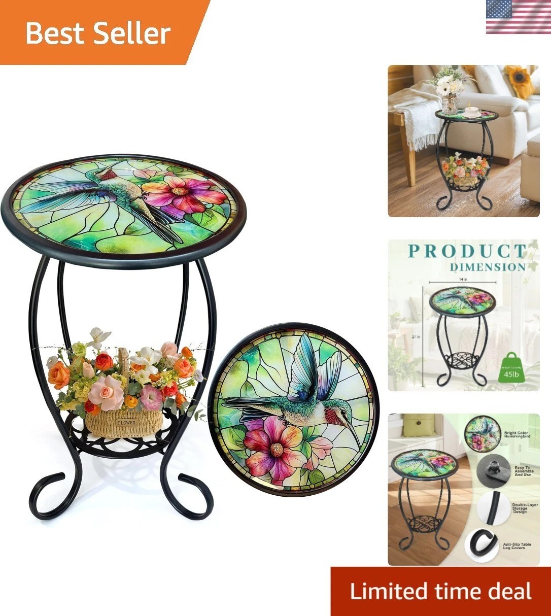 Patio Side Table, 14" Round Mosaic Outdoor Table with Glass Hummingbird Table...