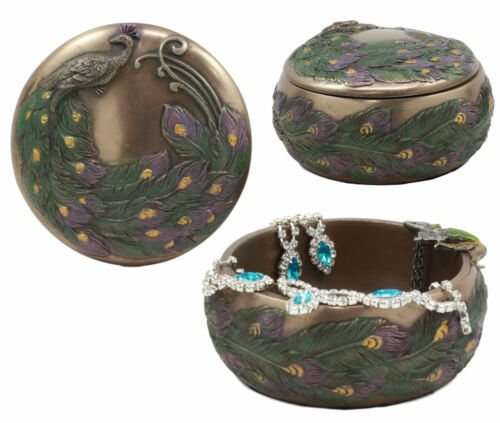 Art Nouveau Iridescent Tailed Peacock Round Jewelry Box Trinket by Summit 4"D