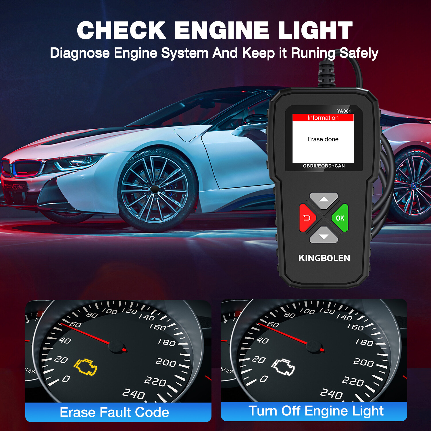 KINGBOLEN YA001 OBD2 Scanner Code Reader Clear Car Check Engine Diagnostic Tool
