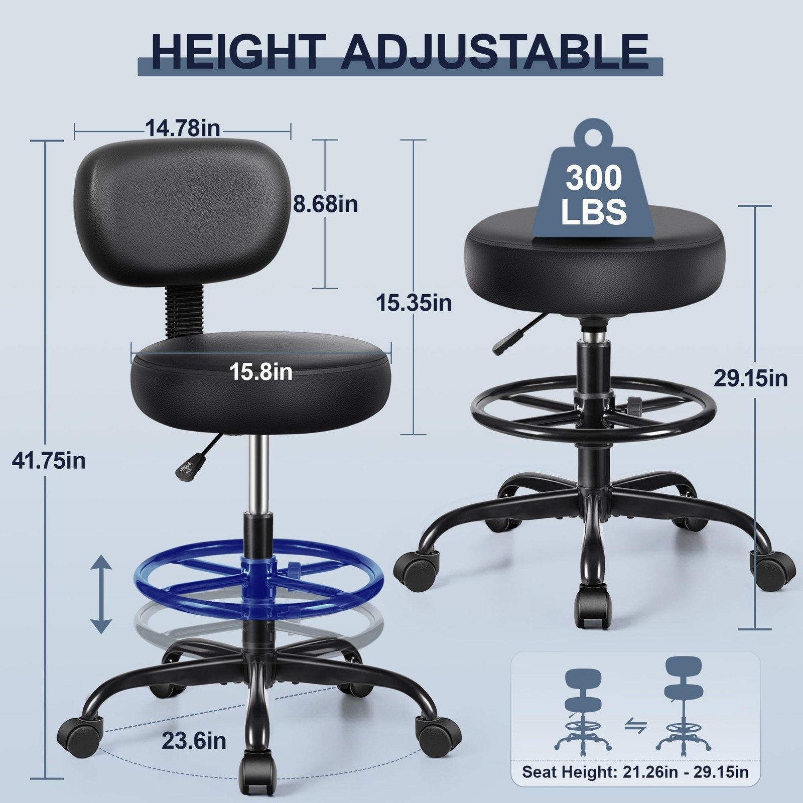 Brick Attic Drafting Chair with Backrest – Adjustable Foot Rest Medium, Black