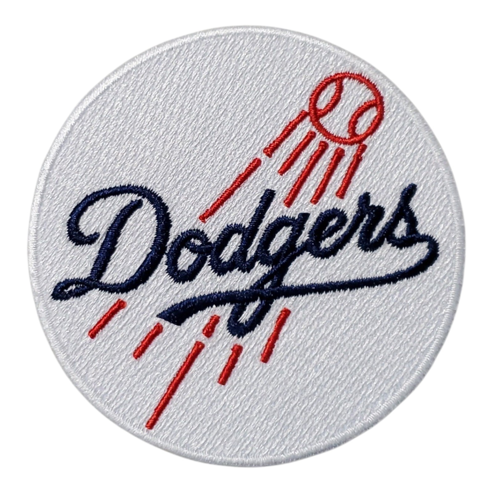 LA Dodgers White Round Style Patch. Embroidered. Iron On Backing. 3"x3"