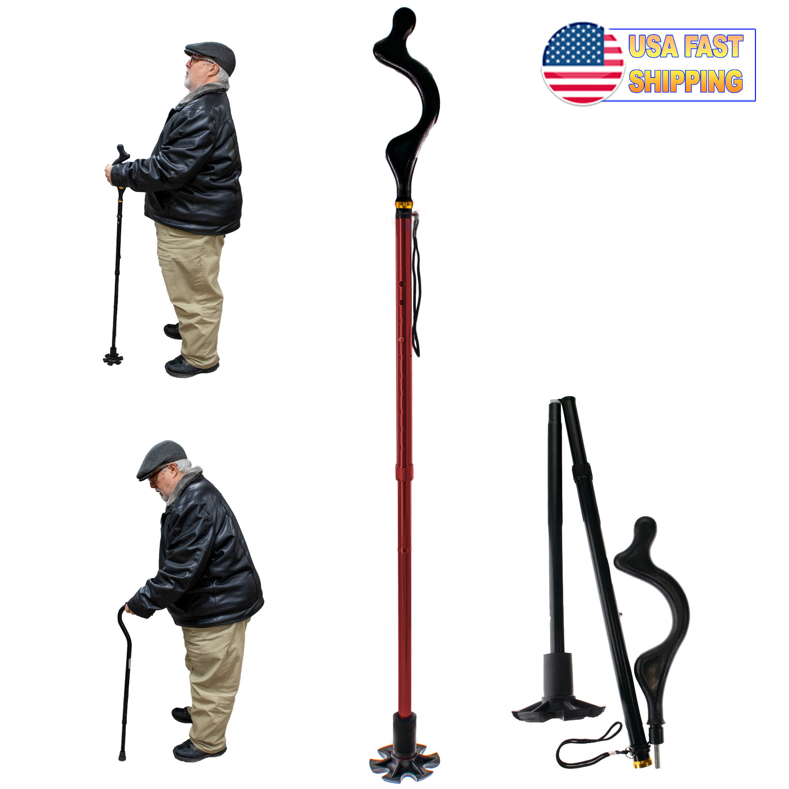 Posture Correction Walking Stick Cane - Self Standing Adjustable Height Foldable