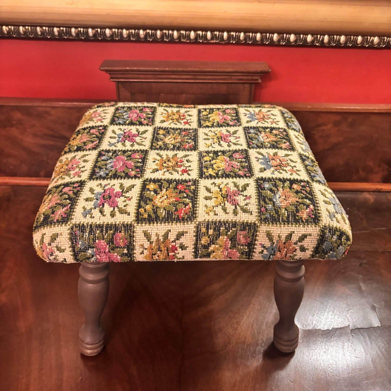 Vintage Wood Footstool Spindle Legs Floral Tapestry Upholstered 12x12