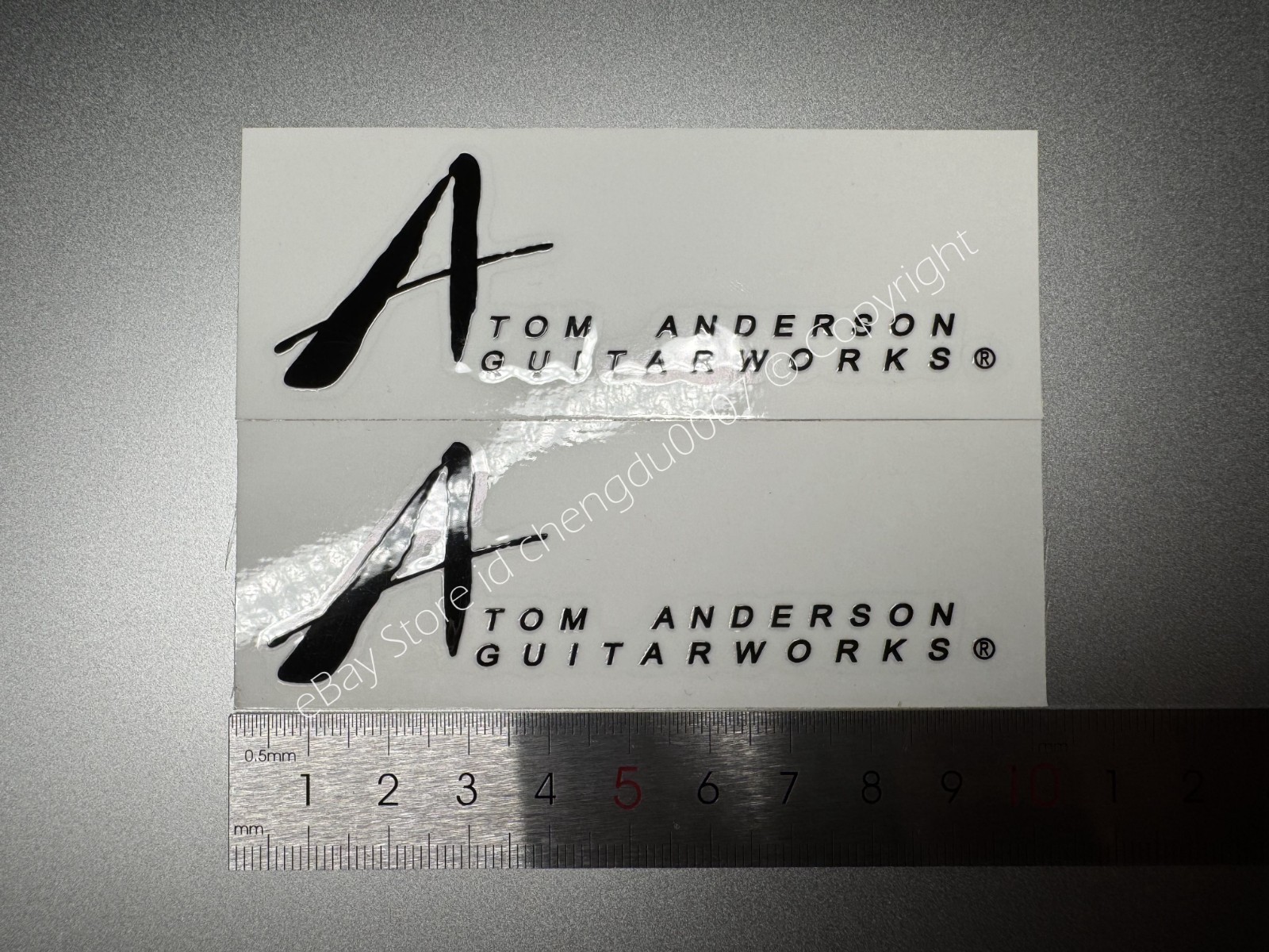 2Pcs For Tom Anderson Electric Guitar Bass Black Headstock RAISED Vinyl Stickers