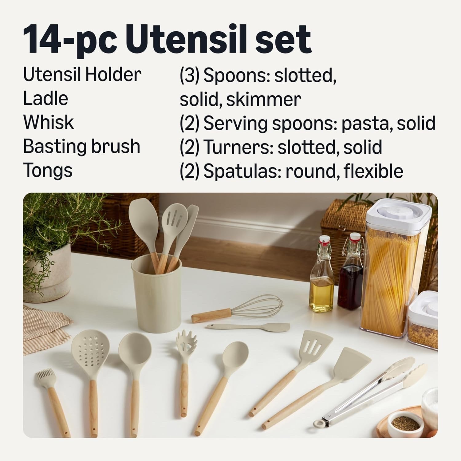 Amazon Basics Silicone Cooking Utensils Set with Wooden Handle, 14-Piece, BPA-Fr