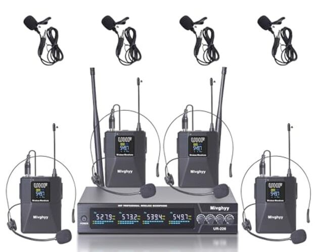 Wireless Microphones System with UHF Headset/Lavalier Lapel Mics, 4 Bodypack