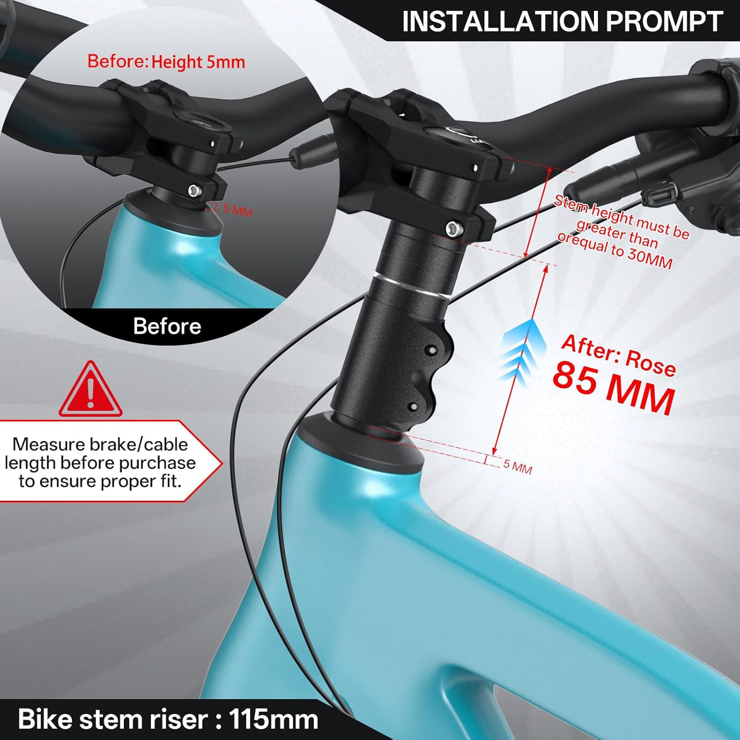 Bike Stem Riser Extender - 1-1/8" 28.6Mm Fork Bicycle Stem Riser, 6 Sizes (90/11