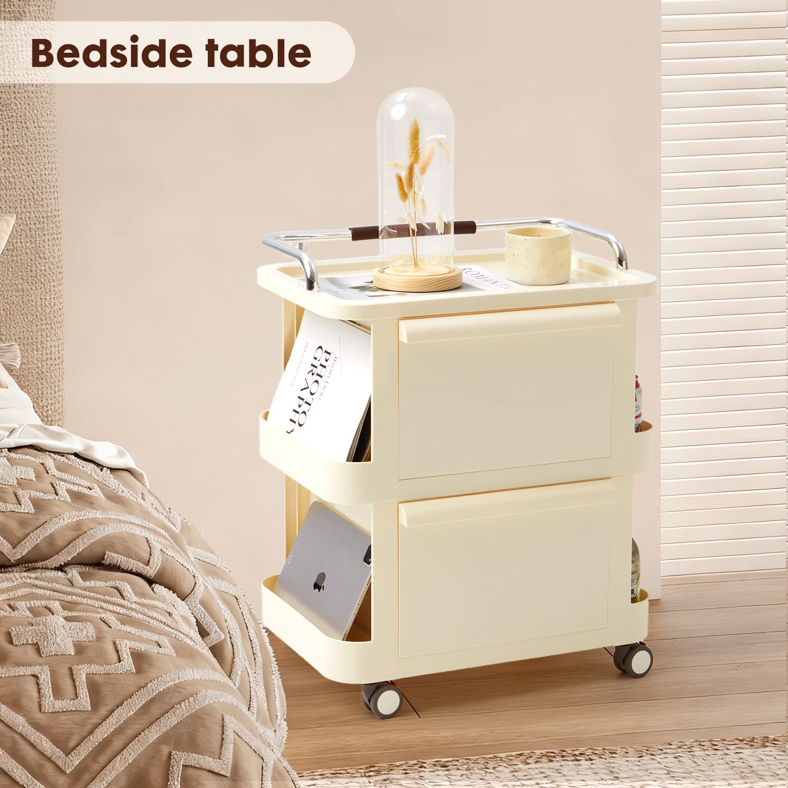 Narrow Rolling Utility Cart with Drawers 2-Tier Open Shelves, Lockable Casters