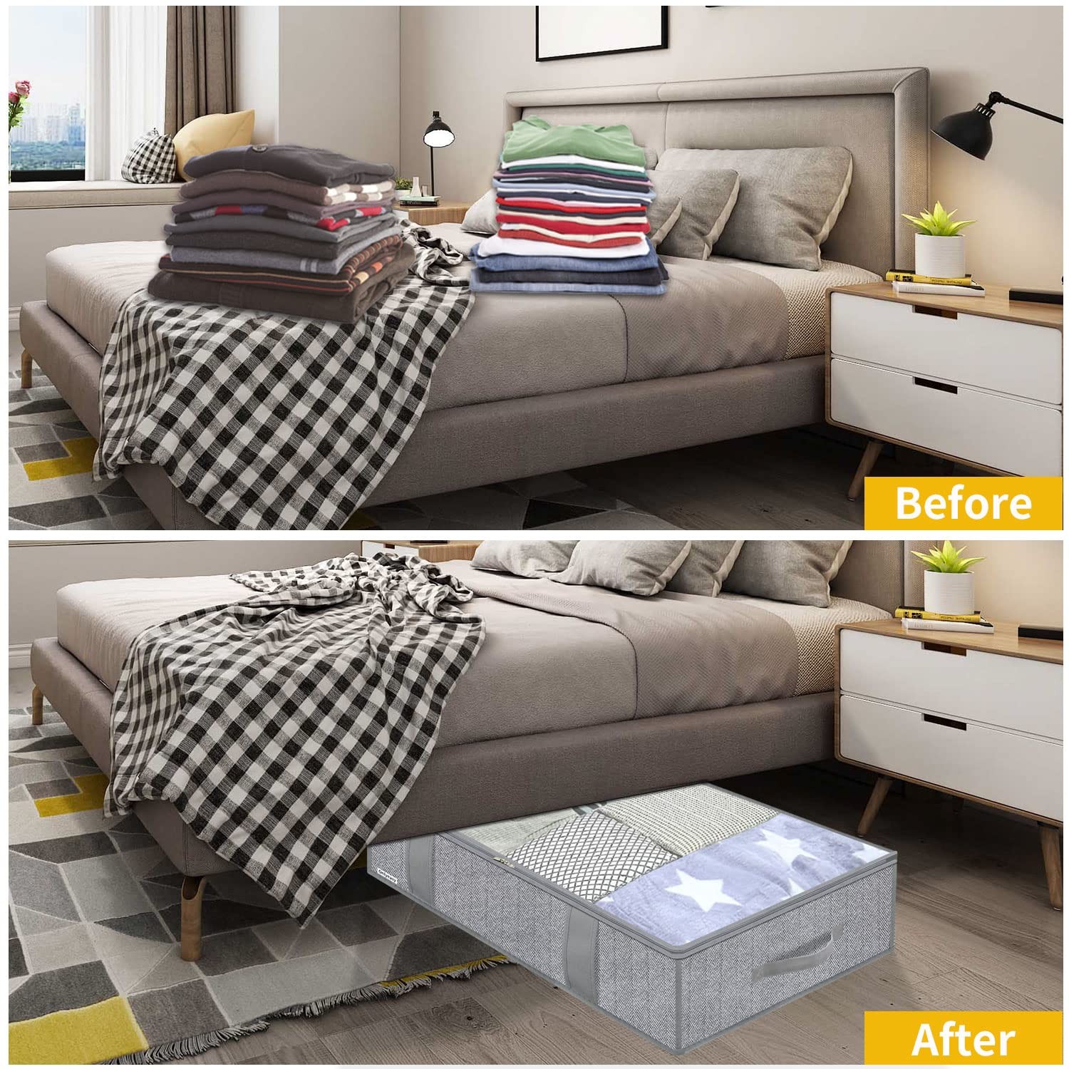 4 PCS 7MXRUBBP4 Herringbone Grey Foldable Fabric Underbed Storage Bags Bins