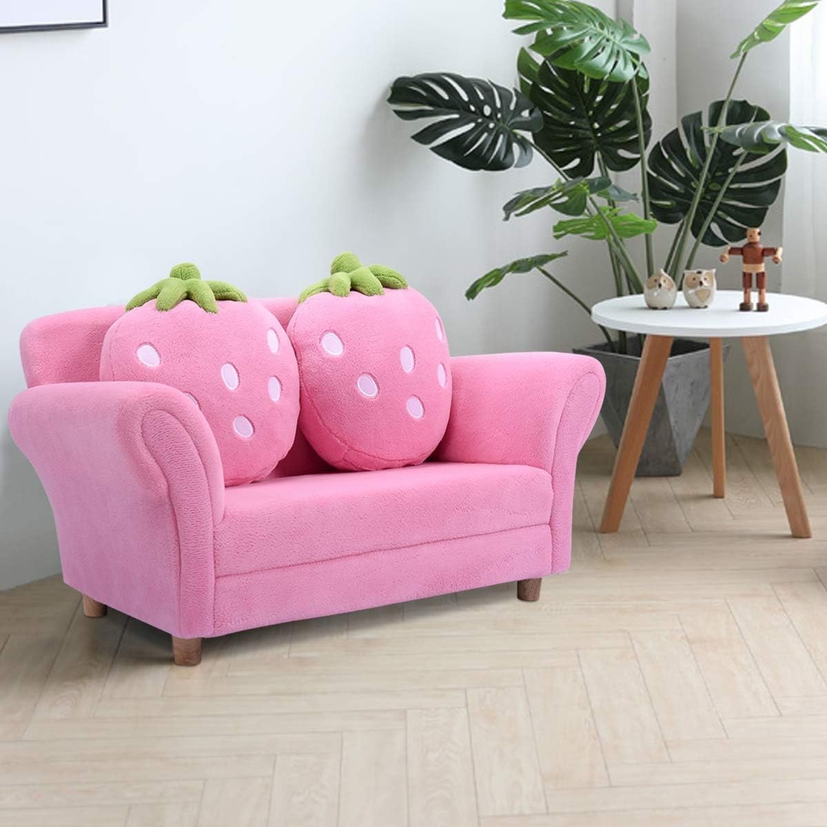 Costzon Kids Pink Sofa Couch with 2 Strawberry Pillows – Toddler Loveseat