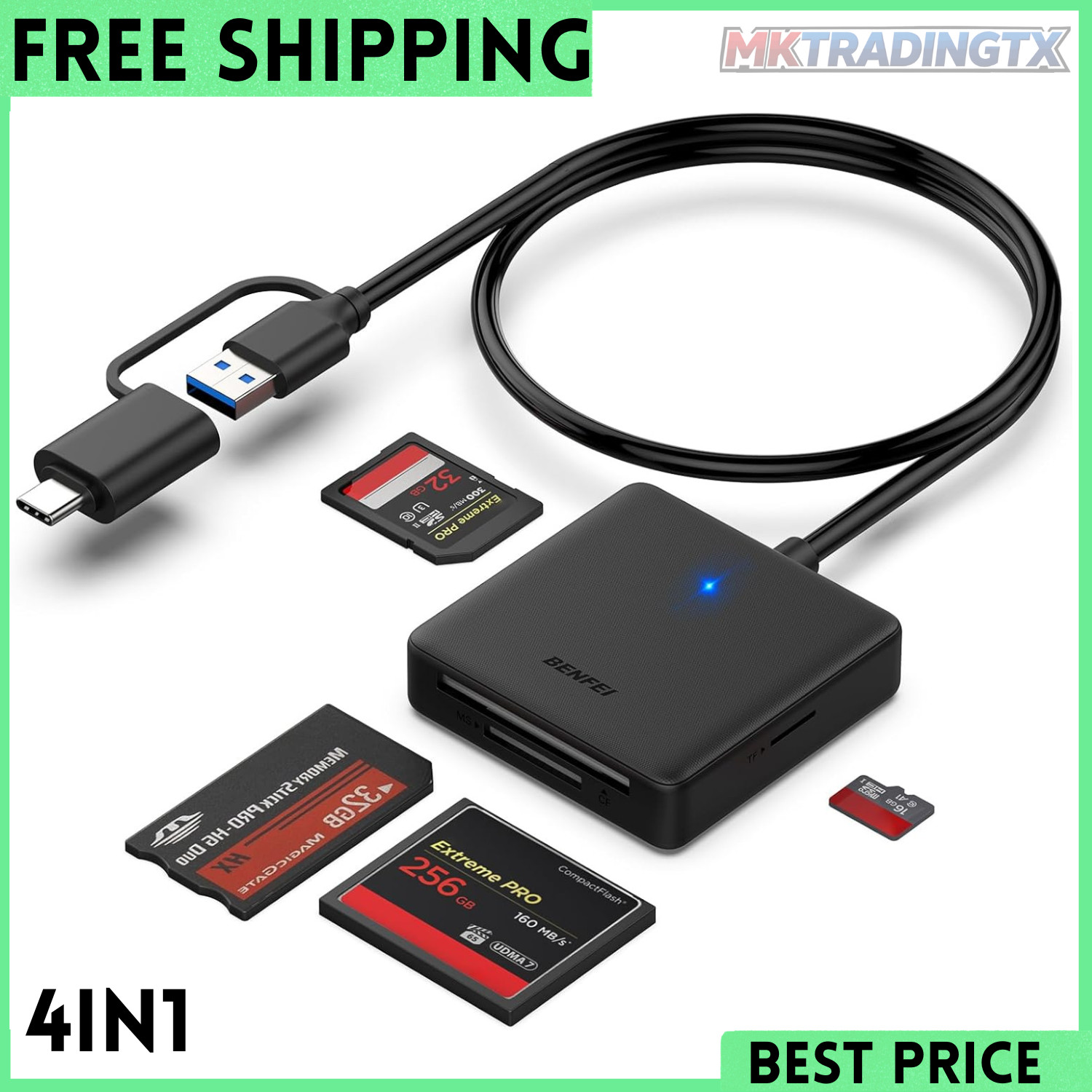 Memory Card Reader,  4In1 USB 3.0 and USB-C to SD Micro SD MS CF Card Reader Ada