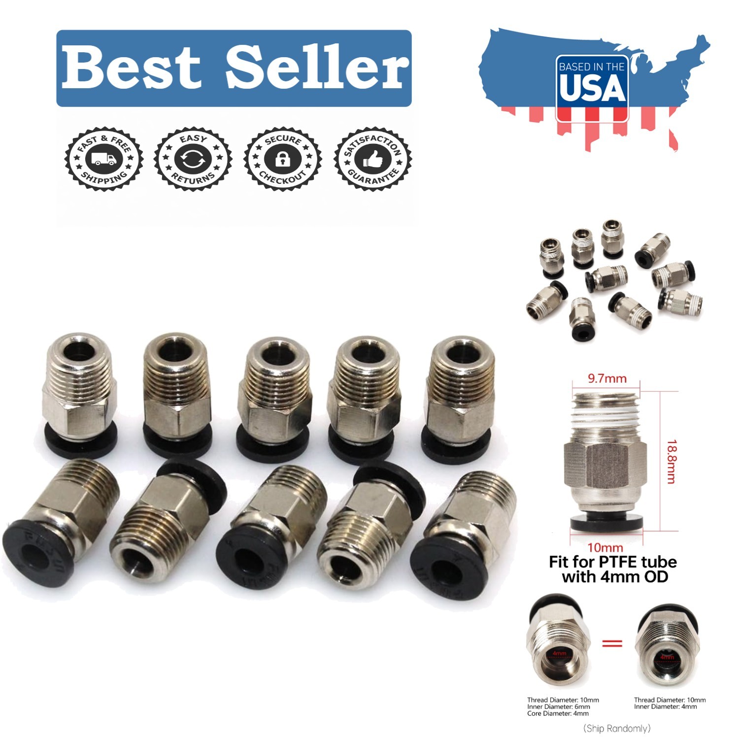 10pcs Durable PC4-M10 Pneumatic Connectors for Enhanced 3D Printing Performance