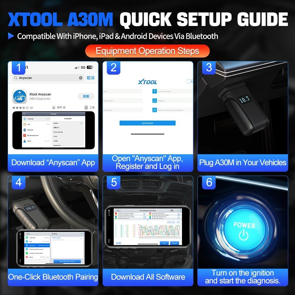 XTOOL A30M +Cable Car Bluetooth OBD2 Scanner Bidirectional Full Diagnostic Tool