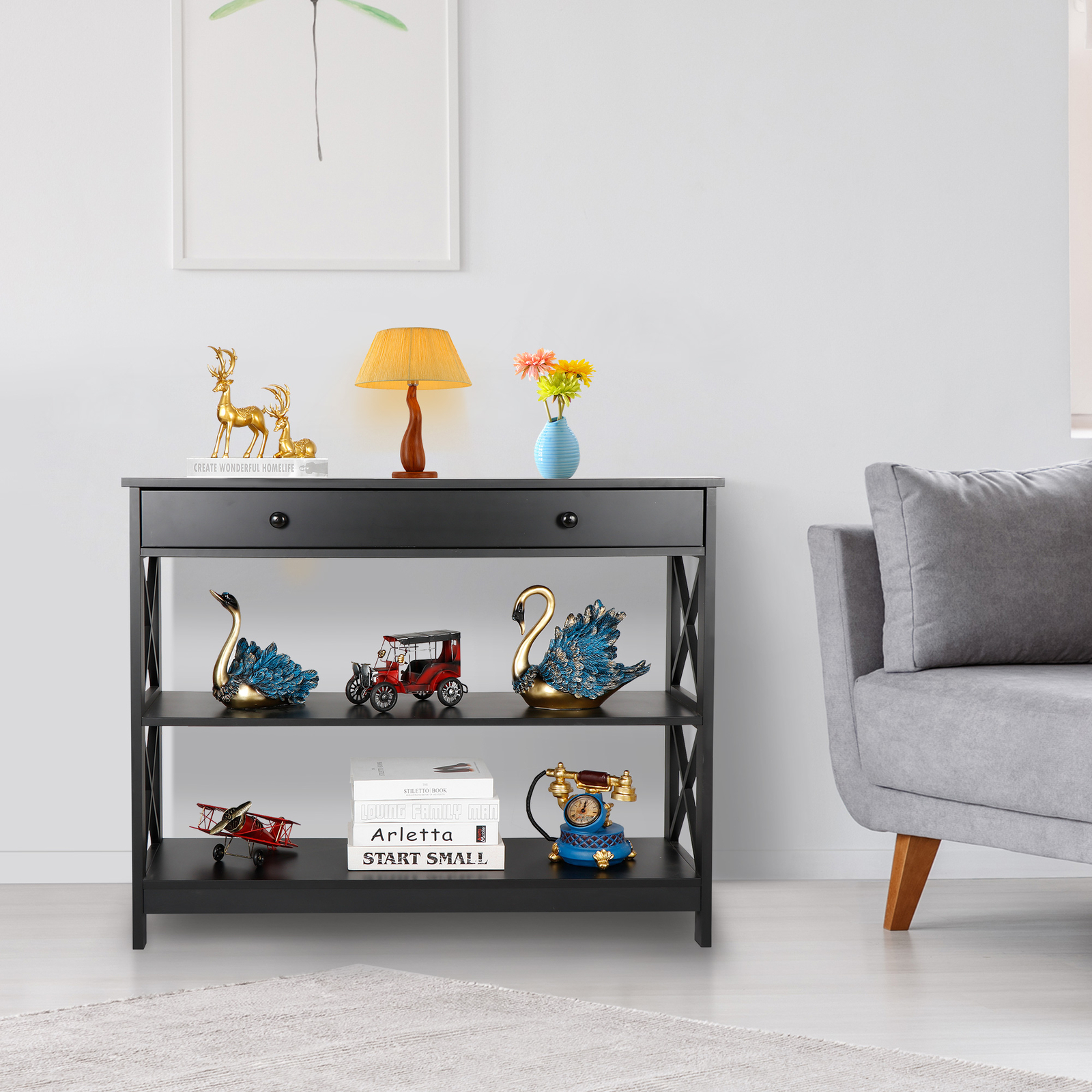 Wood Console Table 3 Tier Narrow Entryway End Sofa Table w/Storage Drawer Black