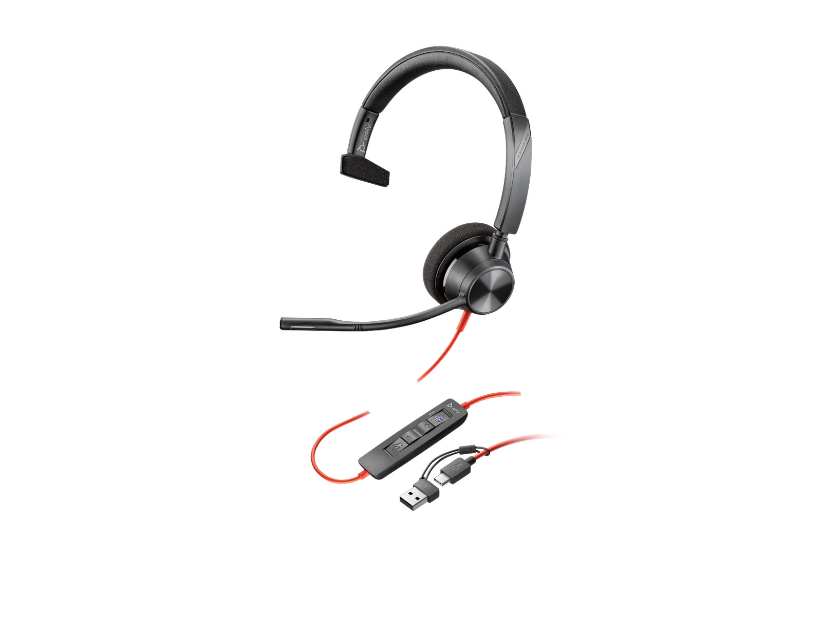 Poly Blackwire 3310 Monaural Microsoft Teams Certified USB-C Headset +USB-C/A