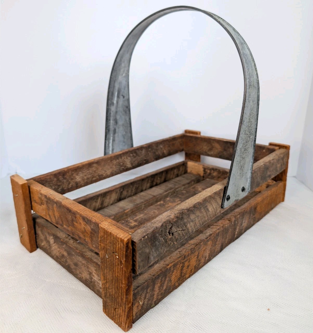 Rustic Primitive style Metal Handle Repurposed Barn Wood Display harvest Basket