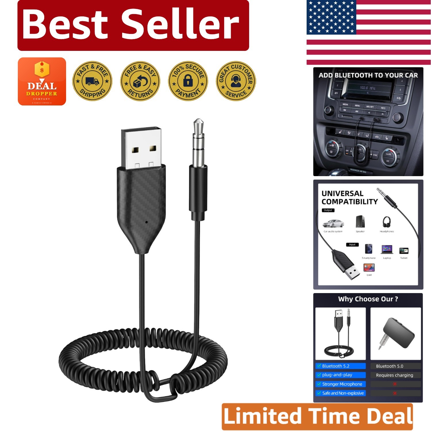 Bluetooth 5.2 Aux Adapter with Microphone - Hands-Free Music Streaming & Calls