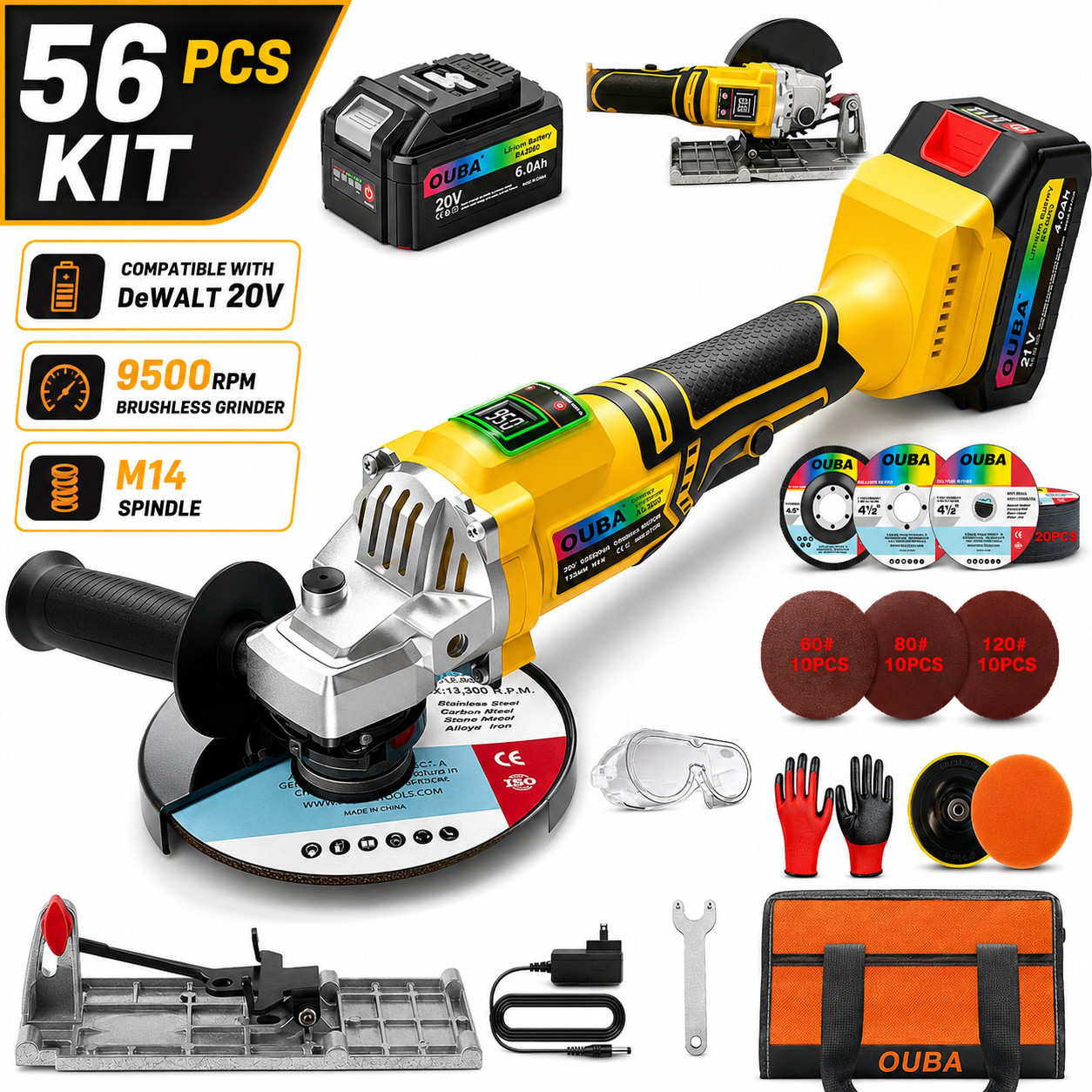 OUBA Cordless Angle Grinder for Dewalt 20V Max Battery Brushless 9500RPM 3-Speed