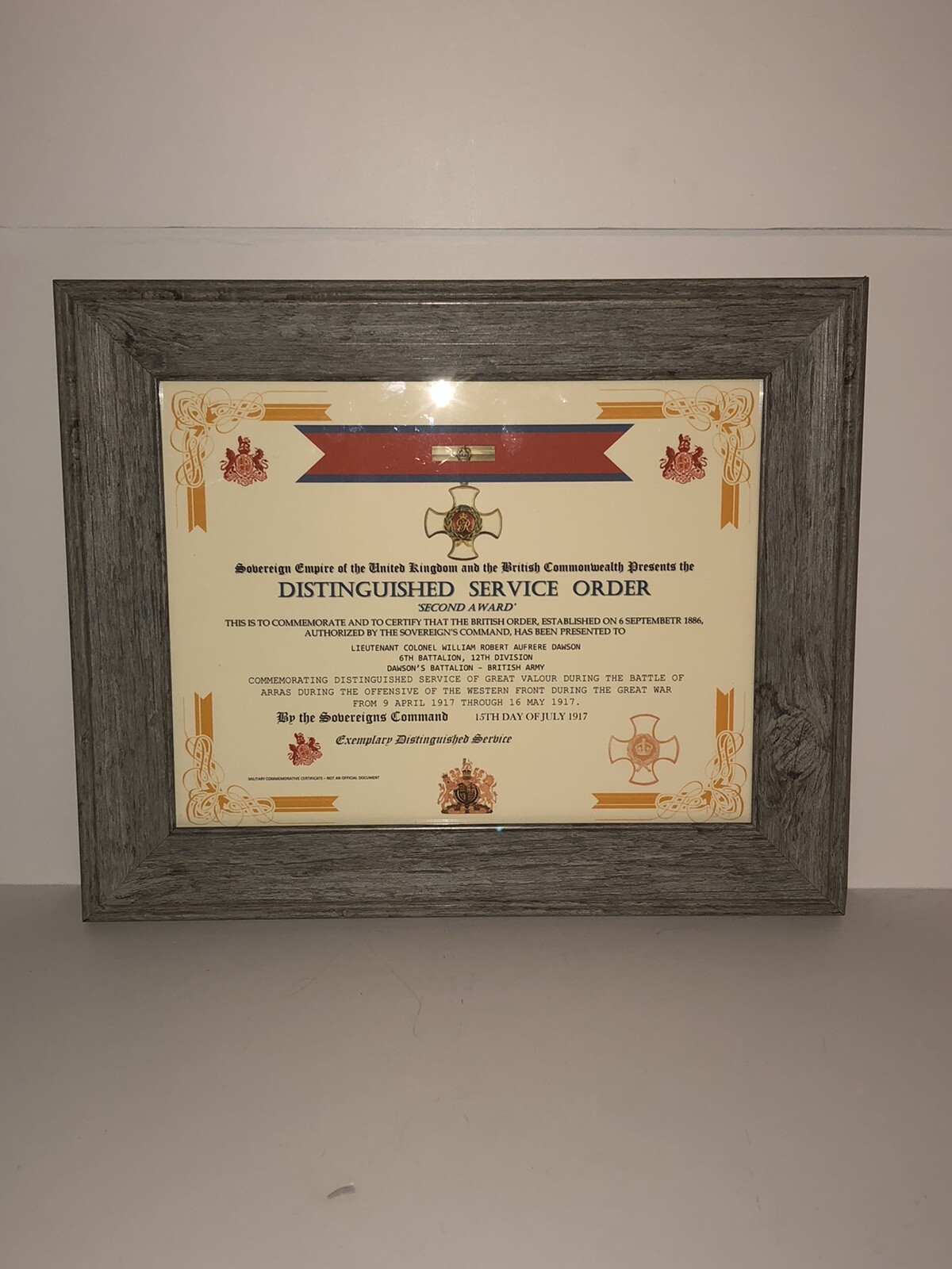 DISTINGUISHED SERVICE ORDER 2ND AWARD [UK] COMMEMORATIVE CERTIFICATE ~ Type 1