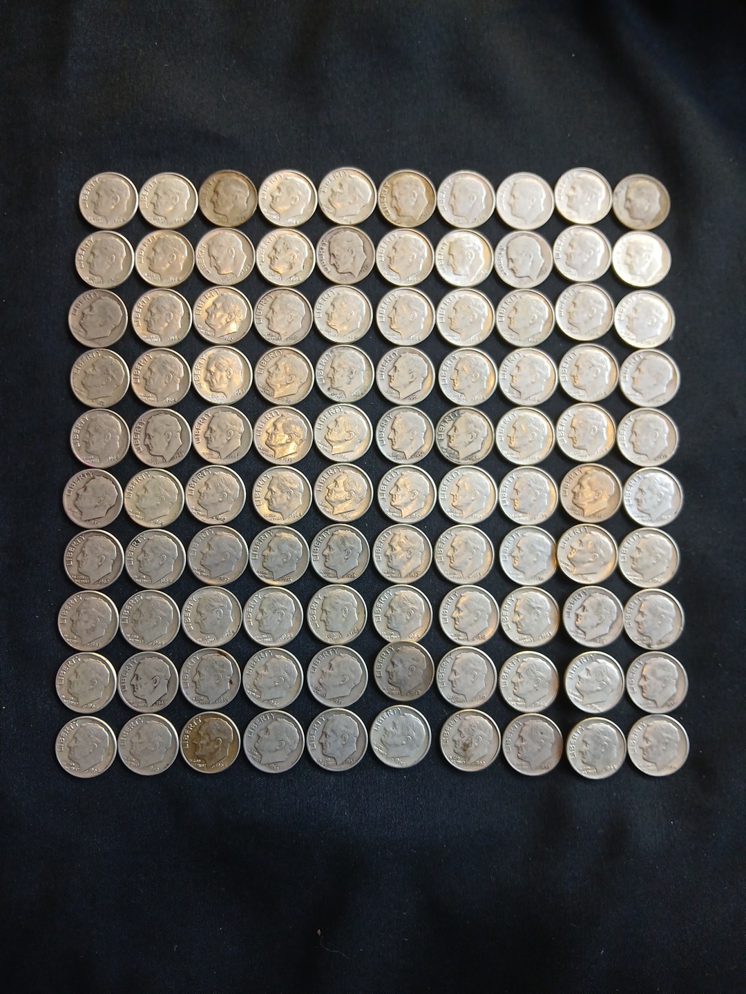 100 90% Silver Dimes. 100 1948-1964 Roosevelt. Lot 1