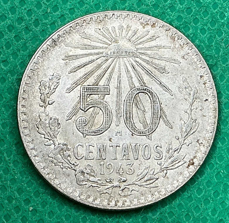 1943 Mexico Silver 50 Centavos Radiant Liberty Cap Eagle 0.720