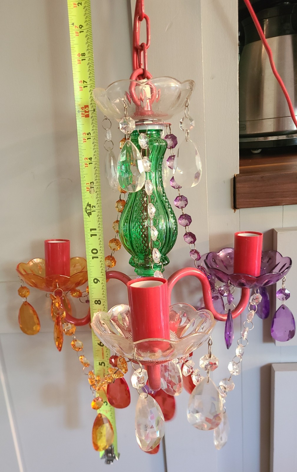 Multicolor 3 Light Chandelier Acrylic Crystal Glass Central Stem Plug In