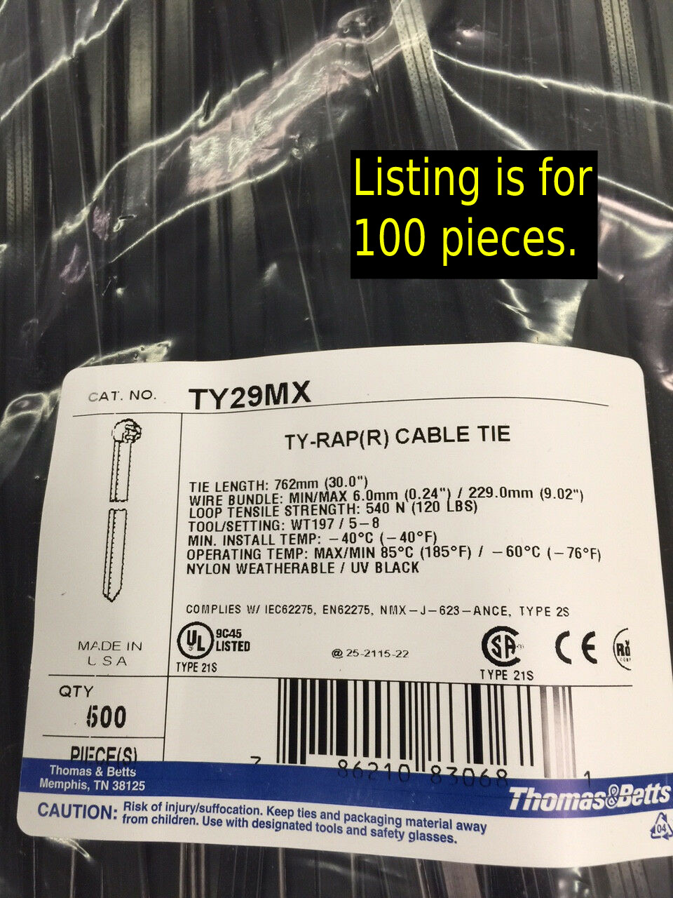 Thomas & Betts Ty-Rap TY29MX 30" 120lb UV Black (price is for **100 pieces**)