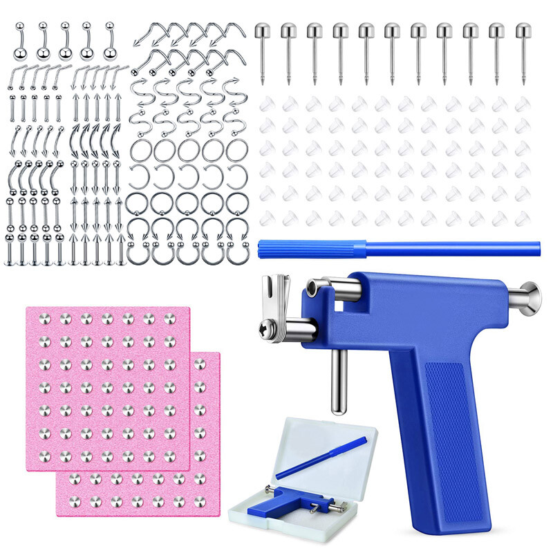 211Pcs Ear Piercing Gun Kit Nose Navel Lip Ear Stud Ring Tool Set for Salon Home