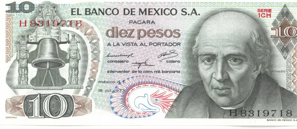1973 MEXICO Crisp Uncirculated 10 Pesos Banknote!
