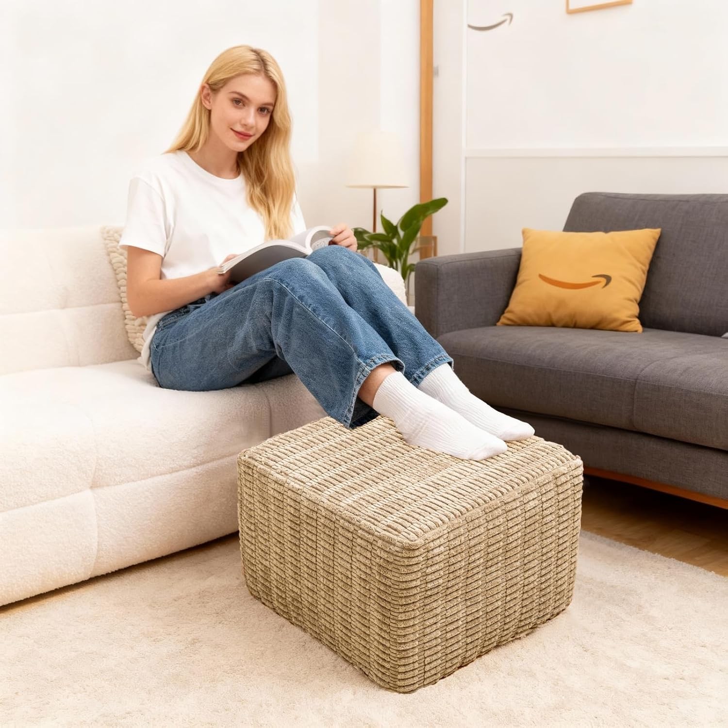 Round Square Pouf Ottoman Foot Rest – Lightweight Modern Footstool W/ Plush Foam