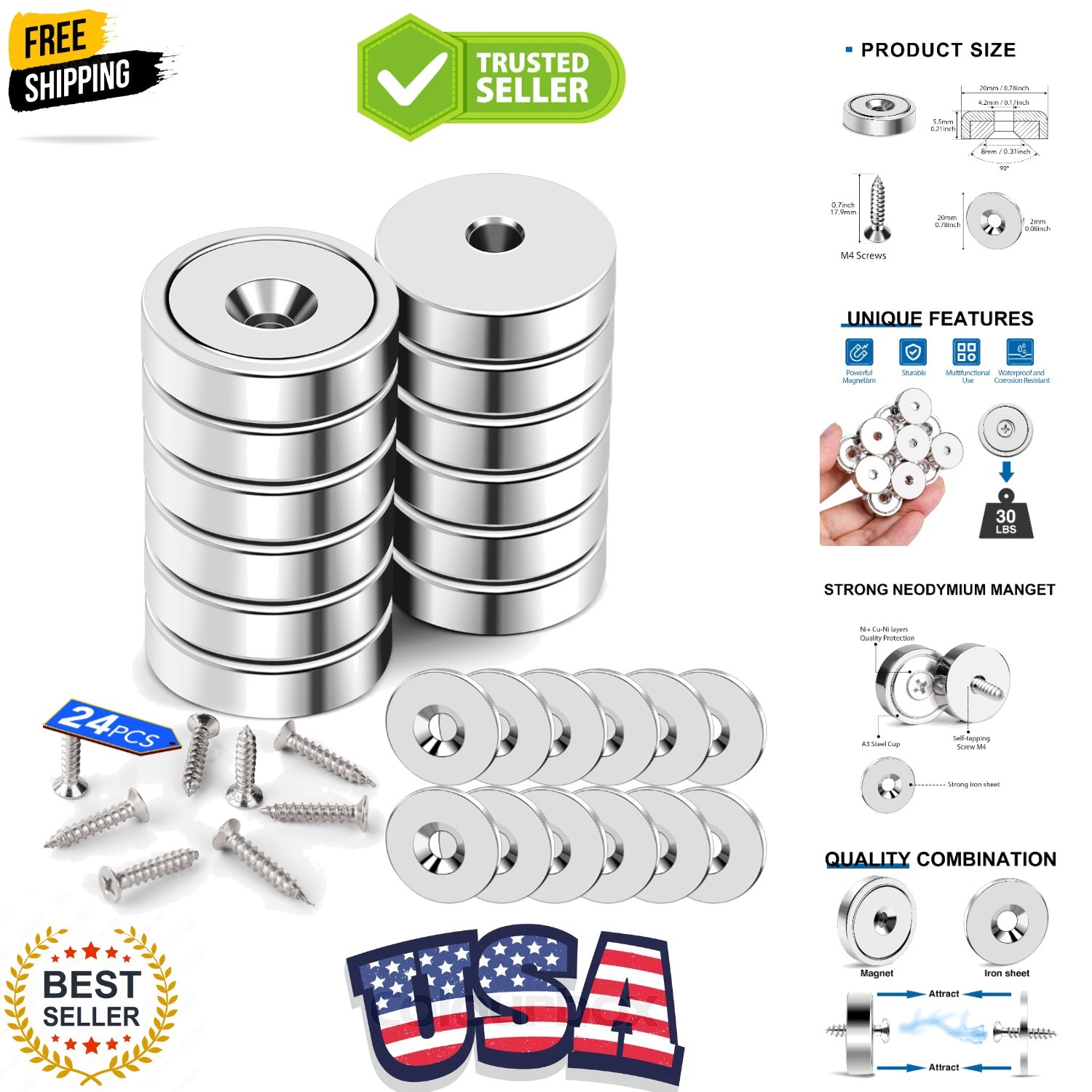 12 Pack Cabinet Magnets, Neodymium Cup with Countersunk Hole, 30lbs Strong Ra...